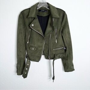Zara Moto Jacket Women XS Olive Green Belted Zip Up Faux Suede Soft biker